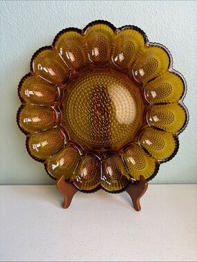 Vintage Indiana Glass Amber Hobnail Deviled Egg/Relish Platter 11.25” Diameter
